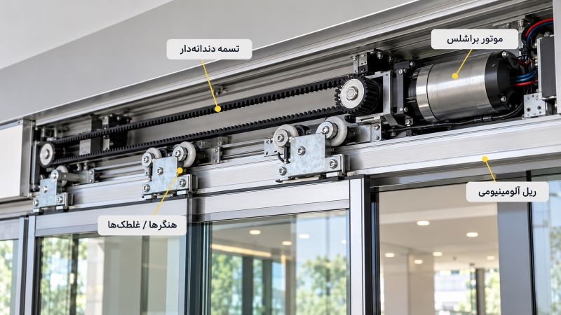 تصویر بررسی تسمه، غلطک و ریل اپراتور درب اتوماتیک جهت رفع گیر مکانیکی
